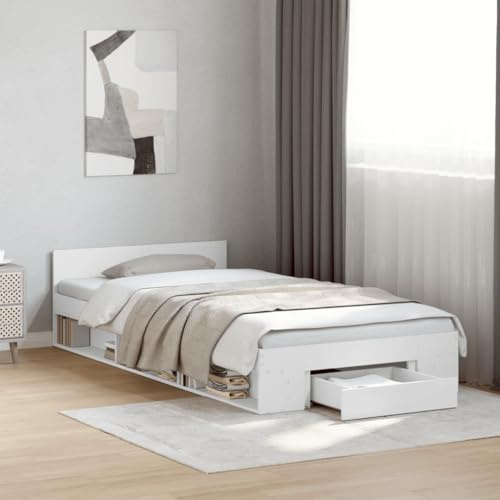 Hoodmeel Bett 100x200 mit Schubladen und lattenrost Holzbett mit Stauraum Bettgestell mit Kopfteil Doppelbettgestell Jugendbett-Weiß-100 x 200 cm