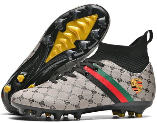 Kmrlofiy Fotbollsskor herr High Top Spike Cleats professionella fotbollsskor pojkar barn utomhus atletiska skosnören sportskor träningsskor, GRÅ, 36 EU
