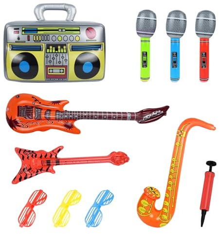 11 Piezas Instrumentos Musicales Hinchables - Guitarra Hinchable, Micrófono, Saxofón Hinchable y Gafas de Sol + Bomba de Aire | Kit Completo para Fiestas y Celebraciones