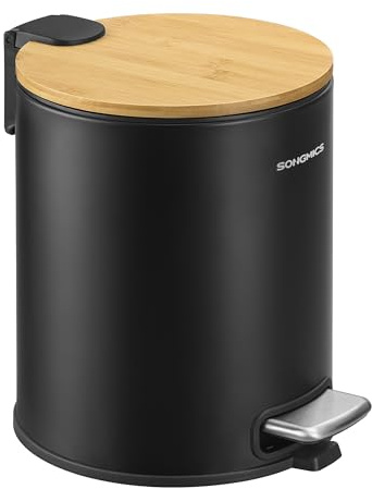 SONGMICS Kosmetikeimer, Mülleimer Bad mit Deckel aus Bambus, 6 Liter | Mülleimer Klein, mit Metallpedal, Inneneimer herausnehmbar, Softclose, Schwarz, ISLAND Kollektion LTB116BZ01