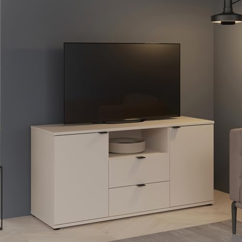 Forte Ganymede TV-Schrank 130, minimalistisches Lowboard, 2-türig, 2 Schubladen, offenes Fach, Holzwerkstoff, Wohnzimmer, Kaschmir Beige, 129,8 cm breit x 63,1 cm hoch x 41,3 cm tief
