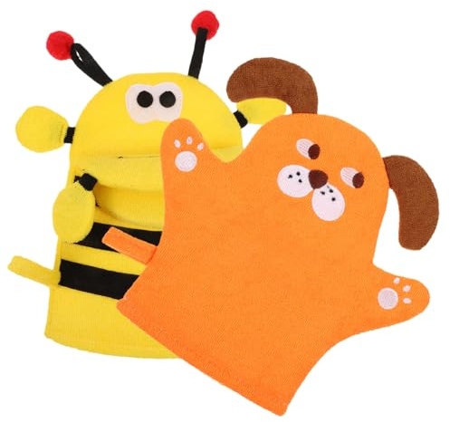 BIUDECO 2pcs Cartoon Exfoliating Shower Gloves Skin Scrubbing Mitts for Children, Soft Dual-use Bathing Mitts with Bee and Yellow Bear Design for Gentle Body Cleansing