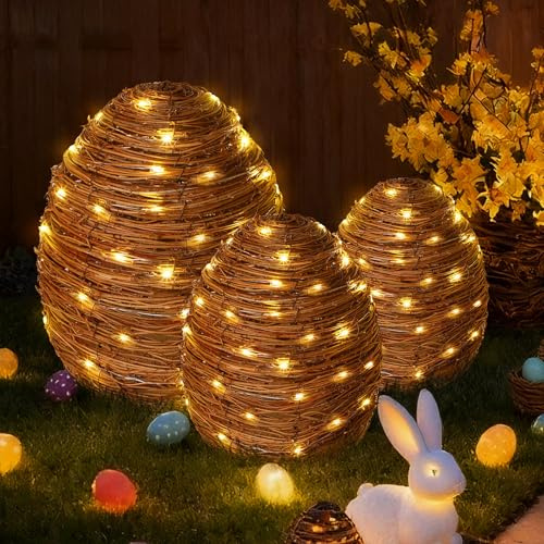 Geelin 3 Pcs Easter Decorations Rattan Egg Outdoor Lighted Wicker Porch Party Ornaments Handwoven Fake Rustic Twig Egg with Warm White Waterproof LED Light for Indoor Outdoor Spring Garden Yard Patio