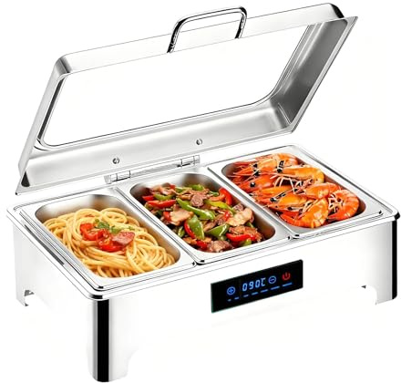 YAOYAOO Chafing Dish Elettrico, 9L Scaldavivande Elettrico per Buffet, Acciaio Inox Contenitore Scalda Cibo Professionale con Coperchio in Vetro Trasparente，Termostato Regolabile 30-90℃ (1/3)