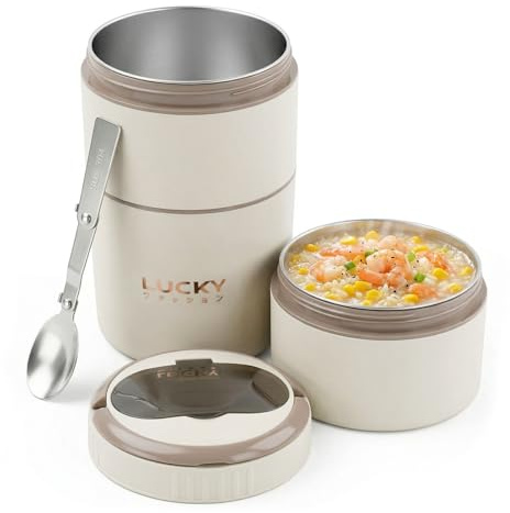 Ecofocet Contenitore Termico per Alimenti, 3 Strati, Lunch Box Termico Portatile con Cucchiaio Pieghevole, Grande Capacità Beige, Ideale per Ufficio, Scuola e Picnic