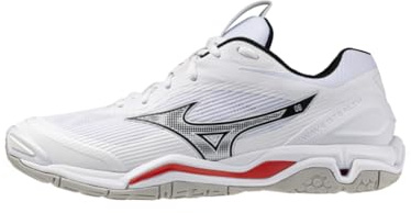 Mizuno Wave Stealth 6 Handbollsskor, vit med svarta och röda detaljer, ovandel i konstläder och nät, Vit röd, 43 EU