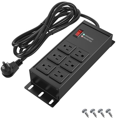 FENJIKRONIX Heavy Duty Power Strip Surge Protector 2500J, 15A 1875W 6 Outlets Extension Cord 4FT 14AWG with Flat Plug, Metal Power Strip for Kitchen Appliances, Workshop, Garage & Office (Black, 4FT)