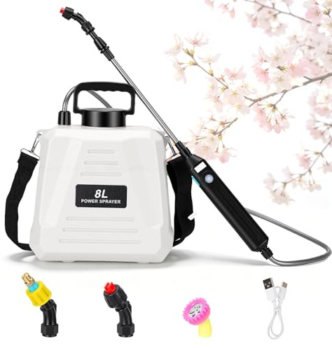 Pulverizador Eléctrico de Jardín de 8 litros con Batería USB-C, 3 Boquillas, Lanza Extensible, Correa de Hombro para Riego y Control de Malezas