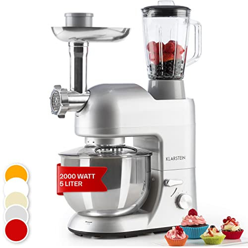 Klarstein Knetmaschine Küchenmaschine mit Fleischwolf, 1800W Teigmaschine Klein, 6 Stufen, Schneebesen Rühr- & Knethaken, Planetenrührwerk, Rührmaschine mit Mixer