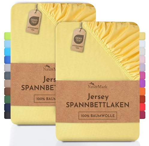 NatureMark 2er Pack Jersey Spannbettlaken, Spannbetttuch 100% Baumwolle in vielen Größen und Farben MARKENQUALITÄT ÖKOTEX Standard 100 | 90 x 200 cm - 100 x 200 cm - gelb