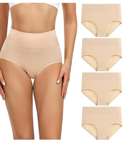wirarpa Women's Cotton Postpartum Underwear High Waisted Ladies Panties Full Coverage Briefs 4 Pack Beige Medium