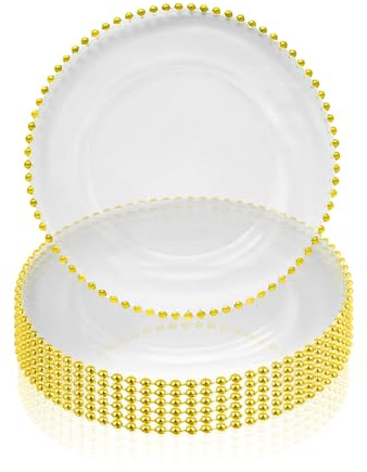 Trimming Shop Clear Glass Charger Plate with Golden Beaded Rim, 6pcs | 33cm (13 Inch) Decorative Dinner Chargers for Table Setting, Wedding, Party, Home & Event Décor, Dinner Table Decoration