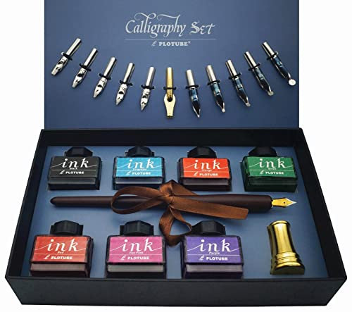 IDEAPOOL Kalligraphie Set, Stift Schreibfeder Set 22-teilig – Enthält 7 Flaschen Inks, 12 Federn, schreibfeder Holzstift, einen goldenen Stifthalter und Einführung für Anfänger
