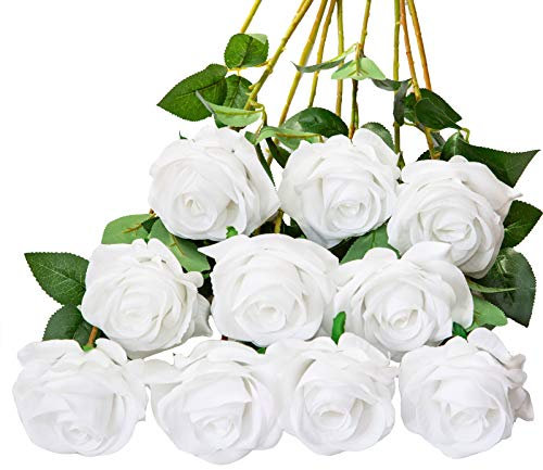 DuHouse 10 Stück künstliche Rosen Seidenblumen Fake Rose 54cm einzelnen Langen Stiel künstlich Blumen Bouquet für Brautstrauß Arrangement Hochzeit Tafelaufsatz Party Haus Küche Dekor(reinweiß)