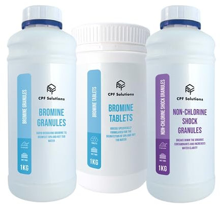 CPF Solutions Bromine Tablets 1kg, Bromine Granules 1kg, Non Chlorine Shock 1kg - Excellent range of product to help you manage your water quality & sanitisation for hot tubs, swim spas & pools.