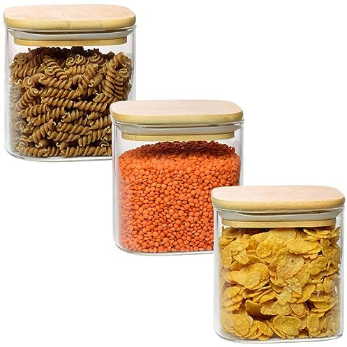 gouveo 3er Set Vorratsgläser 800 ml aus Borosilikatglas eckig mit Deckel - Aufbewahrungsgläser für Küche und Haushalt - Robuste Glasbehälter, Gewürzgläser, Vorratsdose (BGE800B)
