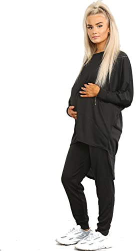 Dam 2-delad träningsoverall set för gravida hög låg topp och underdel för moderskap vardaglig myskläder sweatshirt dam dragsko pyjamasset nattkläder, Svart, S/M
