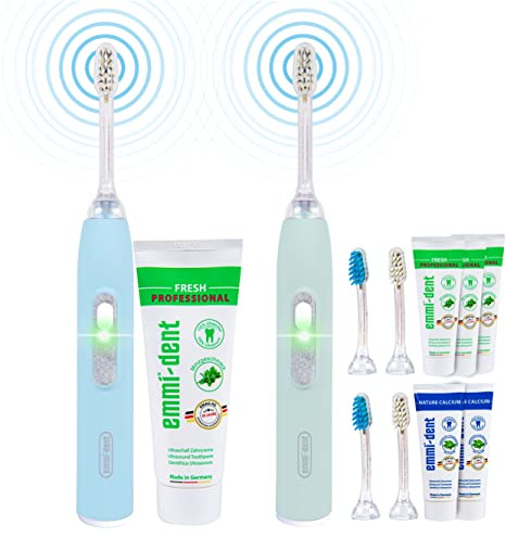 emmi-dent 96 Mio. Schwingungen - Elelektrische Ultraschall Zahnbürste Metallic (Family-Set Pastellblau+Pastellgrün) I Für empfindliche Zähne ohne Schrubben I Bis zu 12 Tage Akkulaufzeit mit Zahnpasta