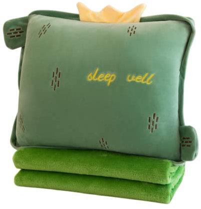Rikyo Set di coperta da viaggio e cuscino 3 in 1 con imbottitura in peluche 3 in 1, con mani calde, regalo per bambini, per viaggi, aereo, treno, letto, ufficio, pisolino, cactus, verde