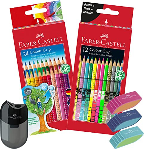 Faber-Castell 112424 - Farbstifte Colour Grip 2001, 24 Stück im Kartonetui Malset inklusive Zusatzfarben, Spitzdose und Radierer