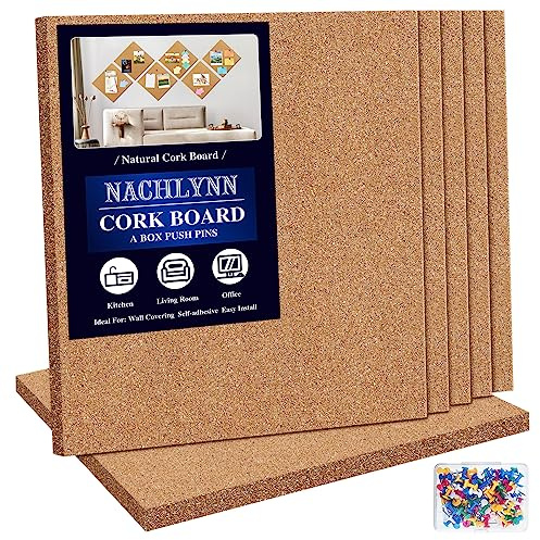 NACHLYNN Cork Board 6 Pack 30x30cm Self-Adhesive Corkboards for Wall Square Bulletin Board with 100 Push Pins Frameless Cork Tiles for Walls Home Office