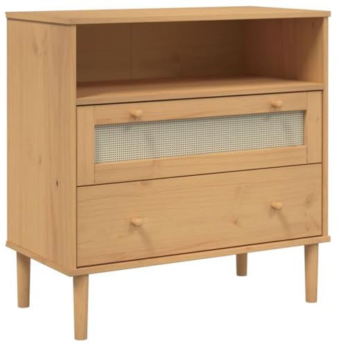 vidaXL Sideboard, Kommode Rattan-Optik, Beistellschrank mit Stauraum für Wohnzimmer, Anrichte Mehrzweckschrank Highboard, Braun Massivholz Kiefer