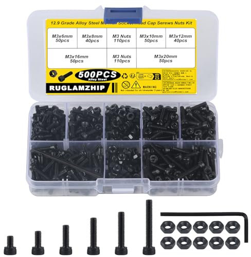 500 Stk M3 Schrauben Set, Innensechskantschrauben Muttern Set, Sechskopf-Knopf Zylinderschrauben Sortiment Set, Innensechskant Gewindeschrauben Schraubensortiment, Maschinenschrauben mit Muttern