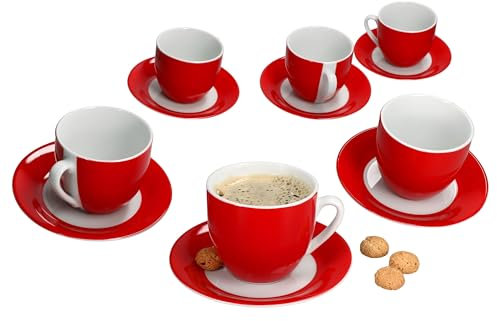MamboCat Variant Lot de 6 tasses à café rouges avec soucoupes pour 6 personnes I Service en porcelaine colorée pour le petit déjeuner et le café I 6 tasses à thé de 200 ml et soucoupes I Vaisselle