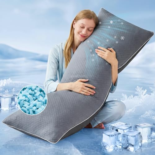 YZ HOME Kylande kroppskudde för vuxna – kuddinsats med strimlat blått minnesskum, mjukt stöd för sidosov, gravida kvinnor, ryggsmärtlindring, tvättbart örngott (50 x 137 cm, grå)