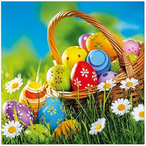 20 Servietten Ostern Bemalte Ostereier im Korb als Tischdeko. Papierservietten mit Motiv. Auch für Decoupage und Serviettentechnik 33x33cm
