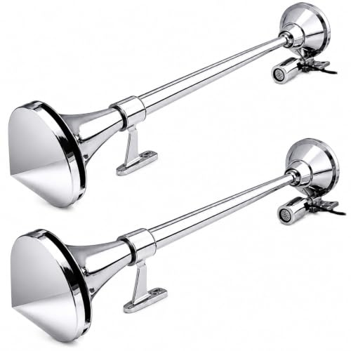 Klaxon à Air Double Trompe Chrome 12V/24V, Avertisseur Sonore Universel pour Camion, Voiture, Van, Bateau, Camping-Car, Longueur 75 cm