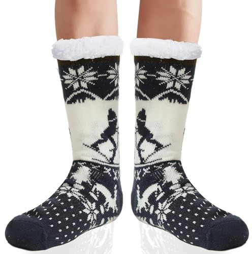 WOTENCE Chaussettes Chaussons Homme Hiver Chaudes Antidérapantes Chaussette Pantoufle Thermiques Polaire Grosse Chaussette Épaisse Antidérapante （Ski (Bleu Foncé) ）