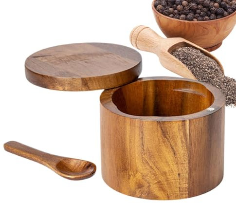 ycezw Salero de madera, caja de sal de madera con tapa giratoria, olla de sal rústica para cocina, caja de sal con tapa giratoria para azúcar, especias, condimentos