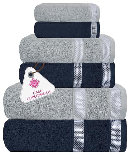 Casa Copenhagen Solitaire Mix 6-teiliges Handtuchset – Grauviolett + Marineblau, 600 g/m², 2 Badetücher, 2 Handtücher, 2 Waschlappen aus weicher ägyptischer Baumwolle für Badezimmer, Küche und Dusche