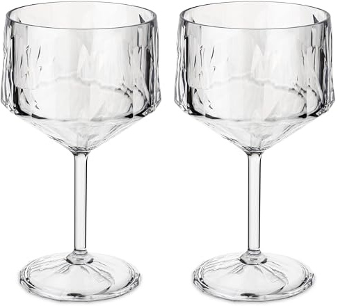 Koziol Superglas Club No. 15, Lot de 2 verres à cocktail et gin 400 ml avec pied, plastique cristal transparent effet diamant, élégants, incassables, réutilisables, pour fêtes, jardin, camping