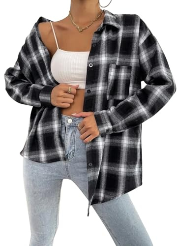 Risipu Women Flannel Checked Shirts Ladies Classic Casual Long Sleeve Plaid Shirt Oversized Blouses Tops with Pockets (XXL, Black)