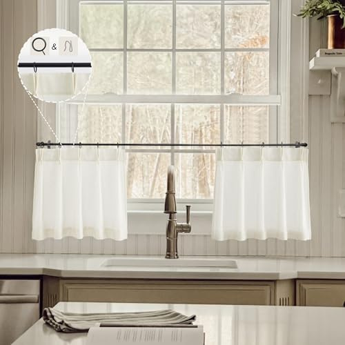 LIMON HOME 12 Inch Lengt Window Curtains Semi Sheer Pinch Pleated Cafe Linen Curtains for Kitchen Window Top of Door Curtain 2 Panels,10 Metal Rings, 10 Hooks