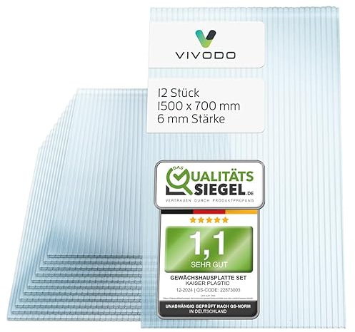 Vivodo Gewächshausplatten 12 Stk. | Hohlkammerplatten Doppelstegplatten 6mm | Platten für Gewächshaus | 700 x 1500 mm
