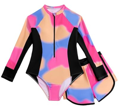 JiAmy Maillot de bain 2 pièces pour fille - Protection solaire UV - Rashguard à manches longues avec short - Imprimé tie-dye - 8-13 ans, rose rouge, 11-12 ans
