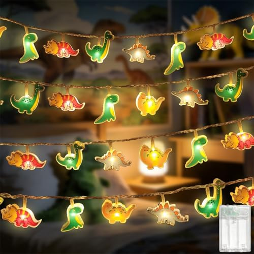 MOLVCE Dinosaurier Lichterkette Kinderzimmer Deko Innen, 1.5M 10 LED Warmweiß Acryl Lichterkette Batteriebetrieben mit Timer, Dekorative Lichter für Schlafzimmer, Kinderzimmer, Zelt, Bett