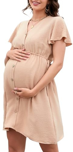 YesFashion Damen Umstandskleid Kurzarm Stillkleid elegant V-Ausschnit Schwangerschaftskleid mit Knöpfen Khaki S