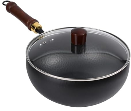 Handgeschmiedet Japanische Eisenpfanne Geschmiedet Unbeschichtet Mit Glasdeckel - 24cm Klein Gusseisenpfanne Mit Deckel Und Holzgriff Für Induktion, Wokpfanne Eisen Wok Pfanne Pfannen Für Küche