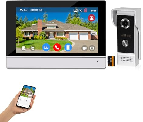 FTes RFKits WiFi-Video-Türklingelsystem mit Kabel, 7-Zoll-Ring-Video-Türklingelkamera mit Monitor, 1080 HD-IR-Nachtsicht für das Zuhause Büro in der Villa