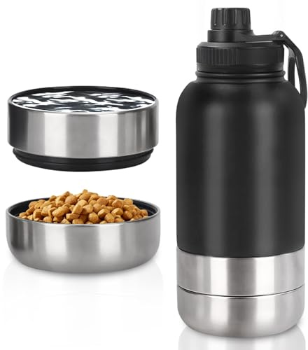 Borraccia termica 3 in 1, 950 ml, per cani, in acciaio inox, per viaggi, con ciotola e ciotola per acqua, bottiglia termica per cani, per viaggi all'aperto (nero, L)
