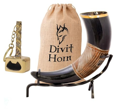 Divit Horn Genuine Viking Drinking Horn with Iron Stand & Opener | Medieval Beer Drinking Horn 16 oz | Brass Adorned Jarl Horn (Semi-Finished) with Burlap Gift Sack & Brass Hammer Opener