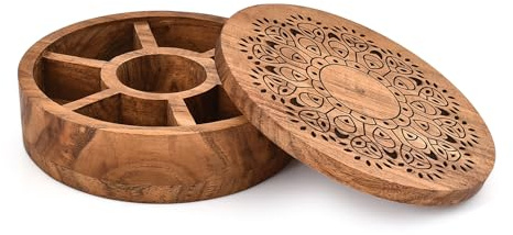 Hanol Salière et poivrière en bois d'acacia 7 compartiments – Couvercle gravé en forme de patte – Masala Dabba rond pour herbes et assaisonnements – Finition noire rustique (20,3 x 20,3 x 5,7 cm)