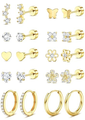 Chriscoco 10 Paar 14K Vergoldet Ohrringe Set für Damen Chirurgenstahl Medizinische Ohrstecker und Klein Creolen Ohrringe Silber Set 14K Vergoldet Helix Piercings Conch Tragus Piercing Ohr Schmuck-G