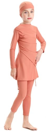 Odizli Burkini Swimwear for Girls Solid Color Long Sleeve Top + Swim Pants +Hijab Modest Swimsuit