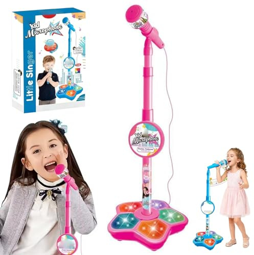 2026 New 4 in 1 Microphone Toy, Kinder Mikrofon mit Verstellbare Ständer, Lautsprecher & LED-Licht, Standmikrofon Karaoke Maschine Geschenk für Jungen und Mädchen, Weihnachten, Geburtstag (Rosa)