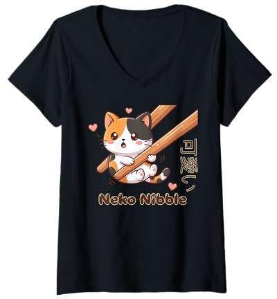Mujer Lindo palillo Kawaii Neko Nibble Calico Cat Meme Camiseta Cuello V